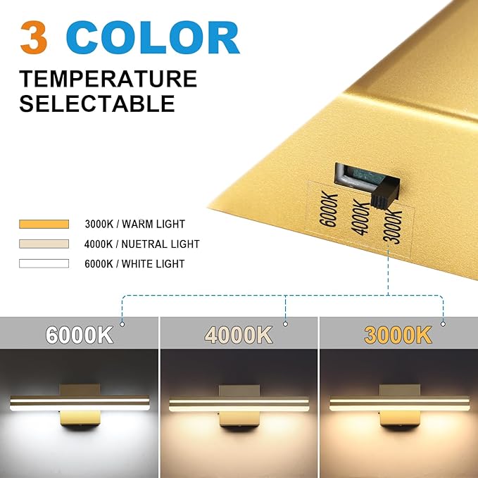 SineRise LED Modern Bathroom Vanity Light Fixtures (16-Inch, 3000K/4000K/6000K, Dimmable), Gold Modern Acrylic Bathroom Wall Lighting Fixtures Over Mirror