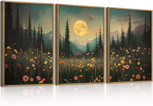 ANHUIB Large Wildflower Wall Art Mountain Floral Wall Decor Pine Tree Paintings Set of 3 for Living Room Bedroom Dining Room 16x24 Inch
