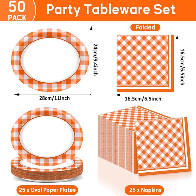 Orange Checkered Oval Paper Plates 11inch Orange and White Gingham Paper Plate and Napkin, Dish Tray Fall Plaid Party Decoration Supplies for Birthday BBQ Picnic Baby Shower Tableware, 25 Guest