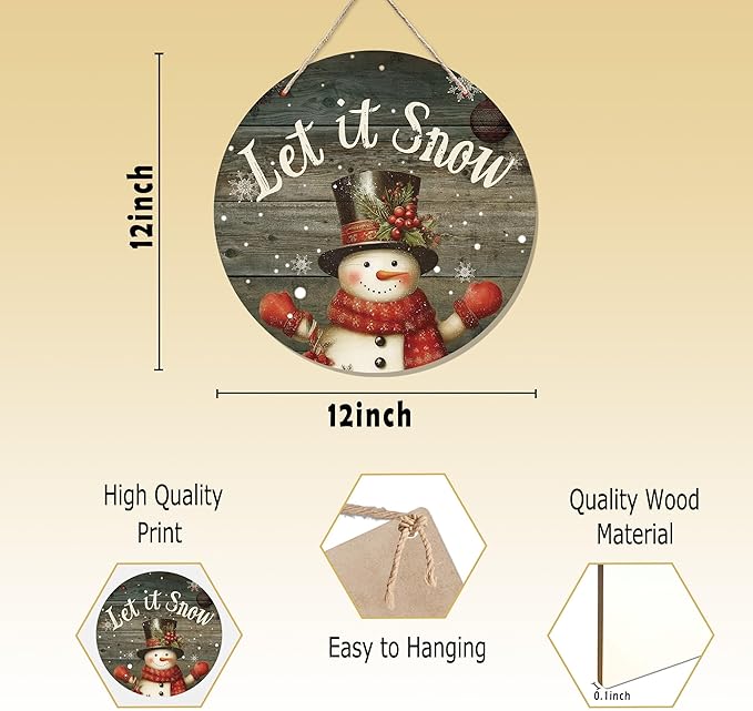 CGBHW Winter Wooden Sign, Vintage Snowy Snowman Hanging Sign Wall Decor for Room Home, Rustic Winter Snowflakes Christmas Holiday Let it Snow Door Decor 12 x 6 Inch