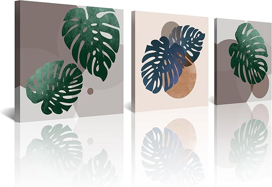 NAN Wind 3Pcs Tropical Leaf Wall Art Palm Frond and Foliage Canvas Print with Bold Orange Teal Yellow Shapes Mid-Century Modern Botanical Plant Pictures for Boho Living Room Bedroom Office Wall Decor
