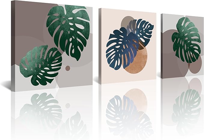 NAN Wind 3Pcs Tropical Leaf Wall Art Palm Frond and Foliage Canvas Print with Bold Orange Teal Yellow Shapes Mid-Century Modern Botanical Plant Pictures for Boho Living Room Bedroom Office Wall Decor