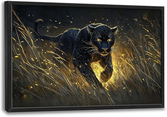 Flintis Large Black Leopard Framed Wall Art Leopard Pictures Wall Decor Abstract Animal Portrait Canvas Painting Print Artworks Decor Framed for Living Room Bathroom Master Bedroom Office 36L X 24W