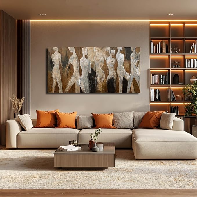 CHUDANHAO Modern Abstract Art White and Brown Figure Artwork for Walls Black Line Canvas Prints for Dining Room Office Home Wall Decor 24x48 Inch