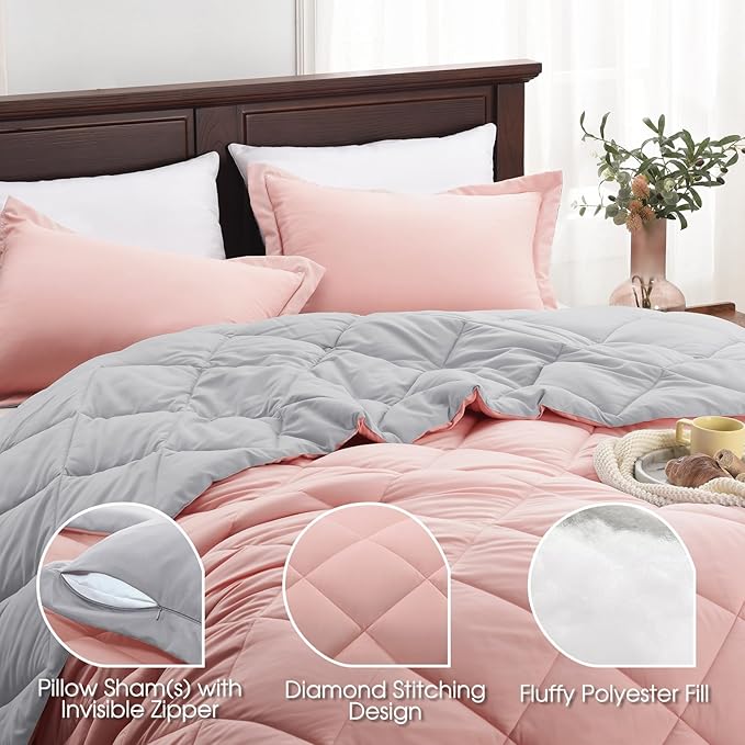 Basic Beyond Twin Comforter Set - Pink Twin Comforter Set, Reversible Twin Bed Comforter Set for All Seasons, Baby Pink/Grey, 1 Comforter (66"x92") and 1 Pillow Sham (20"x26"+2")