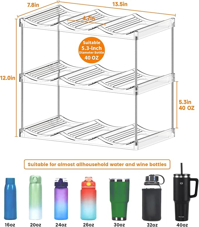 Yieach Stackable 40oz Water Bottle Storage Organizer,4.7"W X5.3 H Large Compartment For Stanley Yeti Tumbler Water Bottle Storage Rack and wine holder for Kitchen Cabinets Pantry,3 Pack Hold 9 Bottles