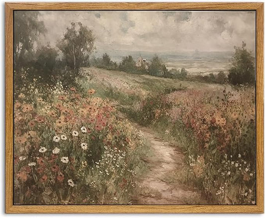 KBKBART Framed Canvas Wall Art - Vintage Countryside Wildflower Field Painting - Retro Nature Wilderness Canvas Art Prints - Rustic Landscape Wall Decor for Living Room, Bedroom & Bathroom (8"x10")