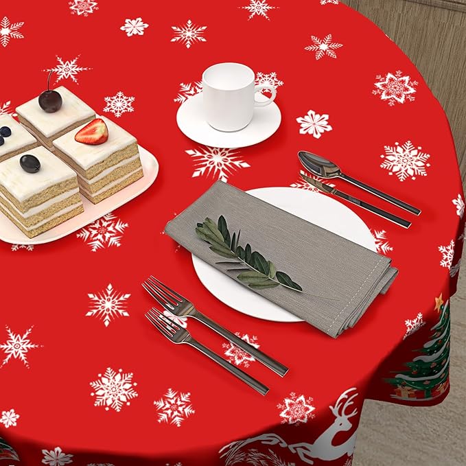 Kawani Christmas Tablecloth Round 60 Inch Xtmas Trees Snowman Decorative Table Cloth Deer Snowflake Winter Round Table Cover Seasonal for Home Kitchen Dining Party Indoor Outdoor Decor