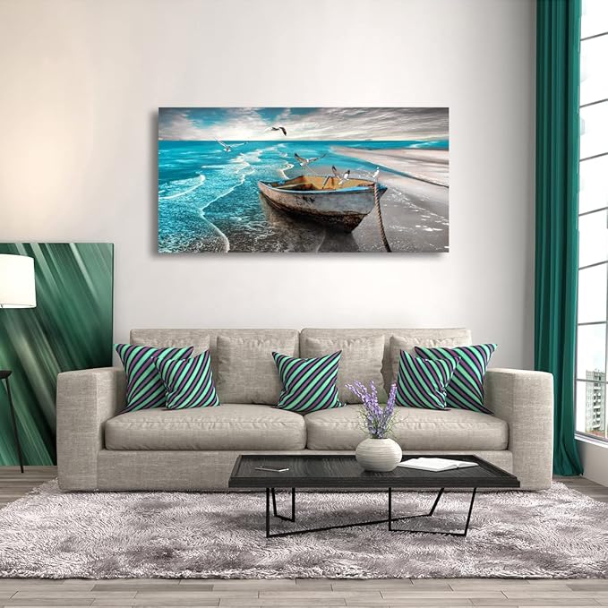 Beach Picture Canvas Wall Art Prints Black and White Waves Seascape Paintigns Home Decor Boat Seagulls Ocean Landscape for Living Room Bedroom Bathroom Decoration Natural Scenery Artwork 20x40inches