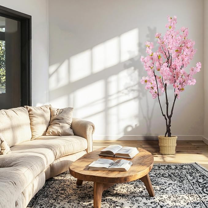 Faux Pink Cherry Blossom Tree 6.5ft(78in) Tall Artificial Plant Indoor Decor Handmade Natural Fake Sakura Tree for Wedding Realistic Silk Cherry Floral in Pot for Home Living Room,Office,Outdoor Decor