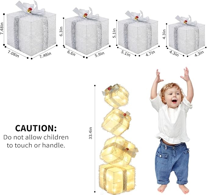 Christmas Lighted Gift Boxes Decorations Set of 4, 2.8Ft Stackable Christmas Nesting Boxes Battery Operated for Home and Party Decoration (8"-6"-5"-4", Silver Bow)