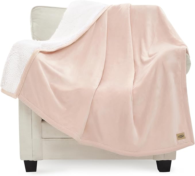 UGG Bliss Throw Blanket Plush Soft Fleece Fluffy Blankets for Bed or Couch Oversized Warm Reversible Machine Washable Medium Weight Home Decor Giftable Throw, 50-inch x 70-inch, Quartz Pink