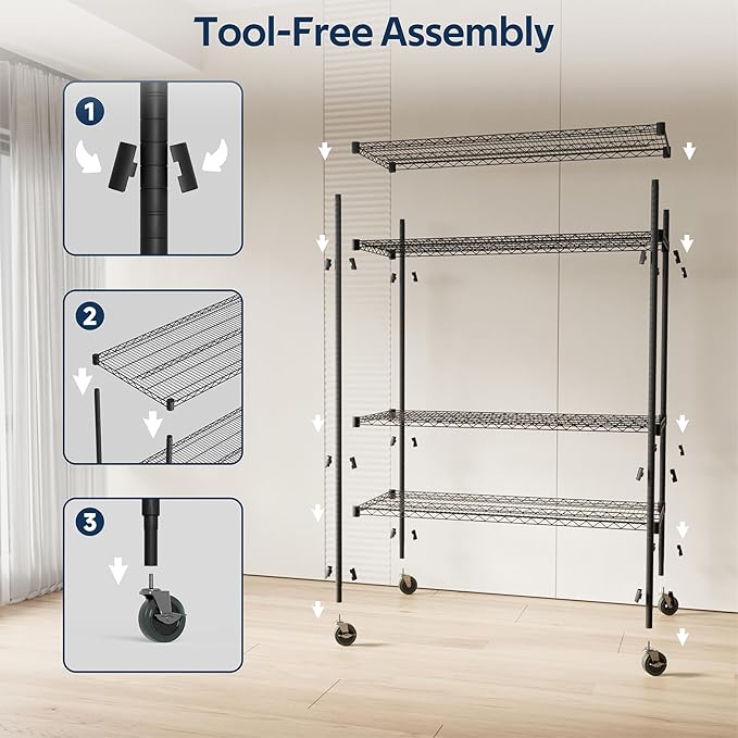 Whitmor 4 Tier Storage Shelves with Wheels, Heavy Duty Metal Shelving Unit, 625 lbs Capacity per Shelf, 2500 lbs Total for Kitchen, Garage, Plant, 55" L x 24" W x 72" H, Black
