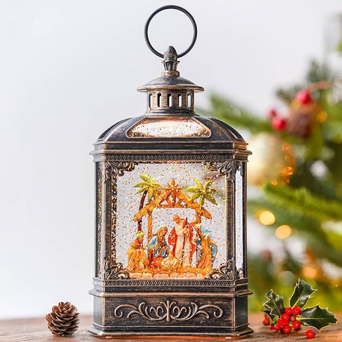 Christmas Snow Globe Swirling Glittering Nativity Scene with Music, USB Lined/Battery Operated Lighted Water Lantern for Christmas Festival Decoration Gifts