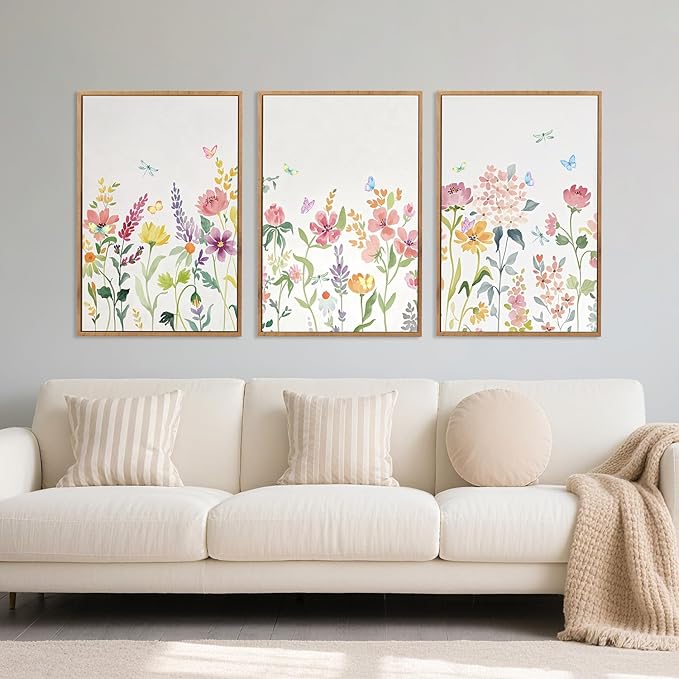 CHDITB Watercolor Floral Framed Wall Art, Colorful Botanical Flowers Wall Decor, Pastel Flower Artwork Minimalist Wildflower Painting, Modern home Art Prints for Living Room, Bedroom, Office 24"x36"x3