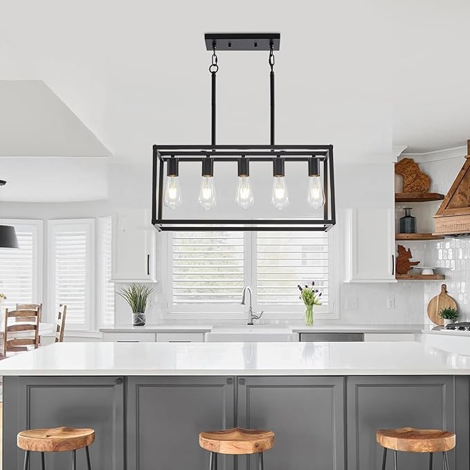 5-Light Kitchen Light Fixtures Black Farmhouse Chandelier Rectangular Dining Room Light Fixture Linear Pendant Lighting Hanging Lights for Kitchen Island Living Room Adjustable Height E26