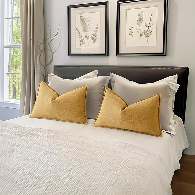 MIULEE Pack of 2 Gold Decorative Lumbar Pillow Covers 12x20 Inch Soft Chenille Luxurious Couch Throw Pillows Farmhouse Cushion Covers with Elegant Design for Sofa Bedroom Living Room Home Decor
