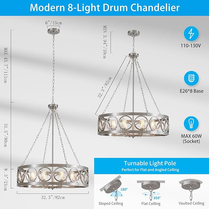 XINGQI Large Drum Chandelier 32.3" Modern Brushed Nickel 8-Light Round Chandeliers for Dining Room Living Room Office Kitchen Island Rustic Pendant Lighting Fixture Over Table