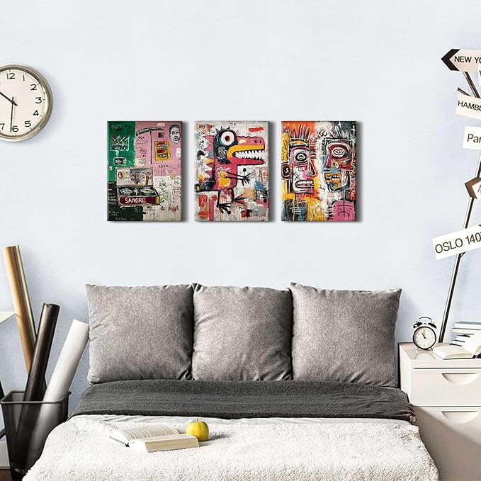Jean Michel Basquiat Wall Art Set of 3 Framed Basquiat Posters Prints Pictures for Teens Bedroom Decor Graffiti Wall Decor Colorful Abstract Street Pop Art Paintings Artwork Home Decorations 12x16”