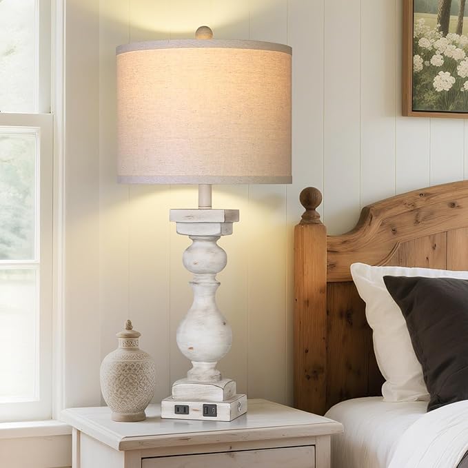 28" Tall Farmhouse Table Lamps Set of 2 with USB C+A Ports and AC Outlet, 3 Way Touch Tall Rustic Bedside Lamps for Living Room, Off White Vintage Lamps for Bedroom Nightstand