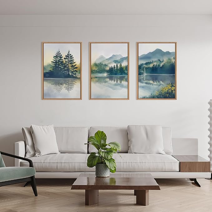 HPNIUB Large Green Mountain Framed Canvas Wall Art Set, Nature Foggy Forest Lake Reflection Wall Decor,Modern Pine Tree Artwork,Watercolor Landscape Art Print for Living Room,Bedroom,Office-24 x36 x3