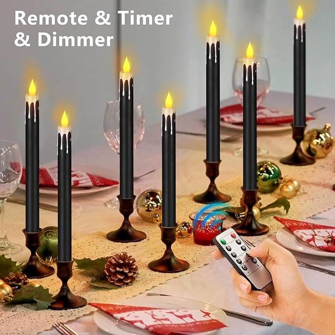 Flameless Taper Candles 10.6" Dripless Battery Operated Taper Candles Included Remote Timer 400+ Hours by 2AA Batteries for Halloween Christmas Wedding (Black+White, 6 Pack)