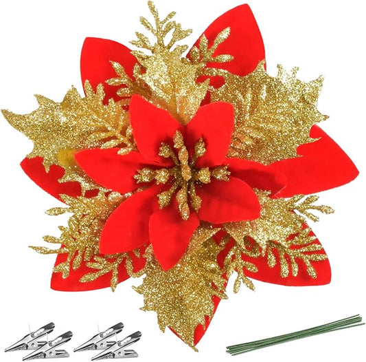 Christmas Poinsettia Artificial Flowers Decorations 5.5" Christmas Tree Wreaths Garland Decoration 12 Pcs Glitter Flowers Picks Decor for Xmas New Year Wedding Party Ornaments (Red Gold)