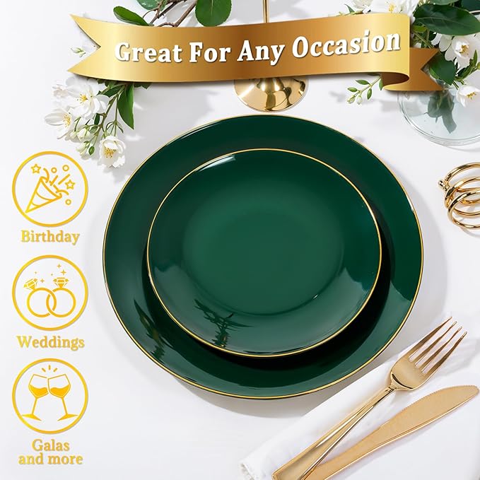 Nervure 100Pcs Green and Gold Plastic Plates - 10.25inch Disposable Green Dinner Plates - Heavy Duty Plastic Plate Ideal for Wedding & Party & Christmas