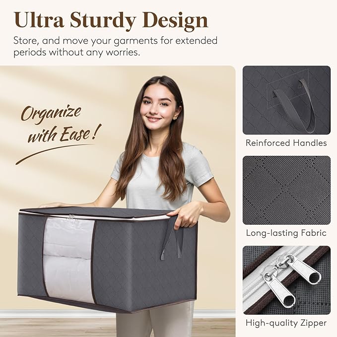 Lifewit 6 Pack Clothes Storage Bins with Lids, Foldable Blanket Storage Bags with Zippers, Clear Window and Reinforced Handles, Closet and Organization for Clothing, Sweater, Comforter, Bedding, Gray