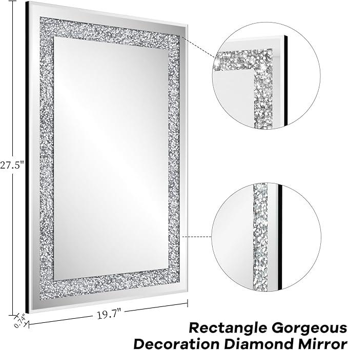 Crystal Decorative Mirror-28 x20 Rectangle Gorgeous Silver Mirror, Crush Diamond Mirror for Wall Decoration Bedroom, Hallway, Dining Room