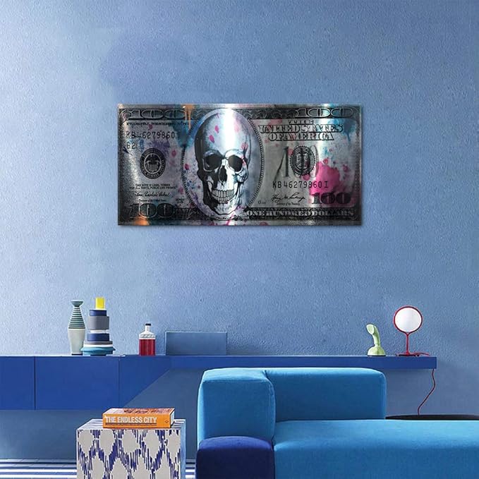 Office Decor Wall Art Canvas Dollar Skull Modern Art Canvas Poster Prints Creative Money 100 Picture Wall Decor Painting Artwork for Home Walls for Living Room Bedroom Framed Ready to Hang-32 Wx16 H