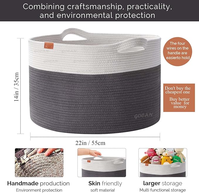 Extra Large Laundry Basket toy storage 22"X22"X14" blanket basket Cotton Rope Woven Baskets with Handles for Living Room (Grey/Beige) XXXL