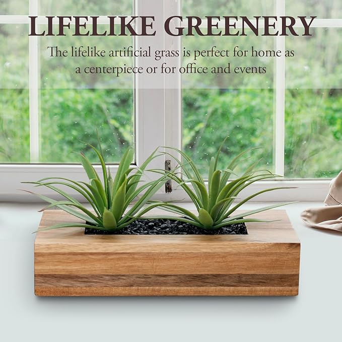 MyGift 10 Inch Artificial Green Grass Plants in Deluxe Acacia Solid Wood Decorative Planter Pot, Faux Greenery in Rectangular Wooden Container