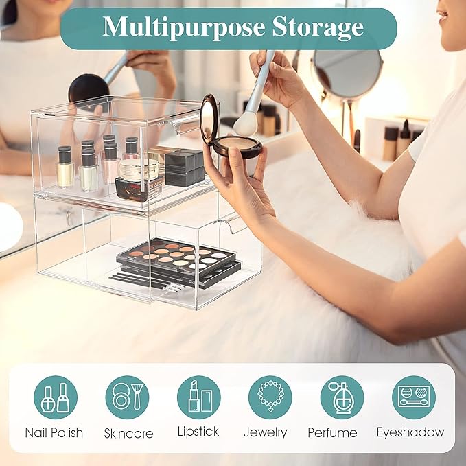 4 Pack Stackable Makeup Organizer and Storage, Acrylic Organizers，Clear Plastic Storage Drawer with Handles for Vanity, Undersink, Kitchen Cabinets, Pantry