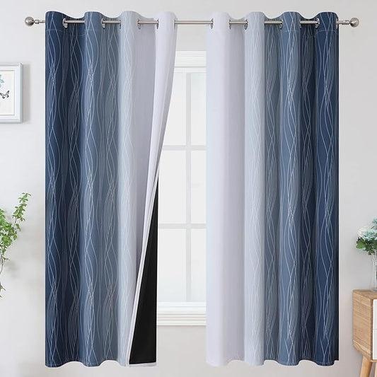 Estelar Textiler Full Room Darkening Greyish White and Navy Blue Blackout Curtains 63 Inch Length 2 Panels Set,Ombre Thermal Insulated Full Light Blocking Grommet Blackout Drapes for Boys Room,52Wx63L