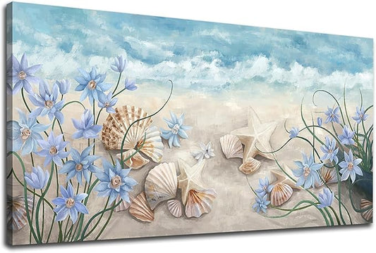 NINEASO Sea Beach Wall Art - Ocean Decor Coastal Scene Canvas Pictures Starfish Shells Seaside Painting Print Blue White Flowers Artwork for Living Room Bedroom Home Office 20" x 40"