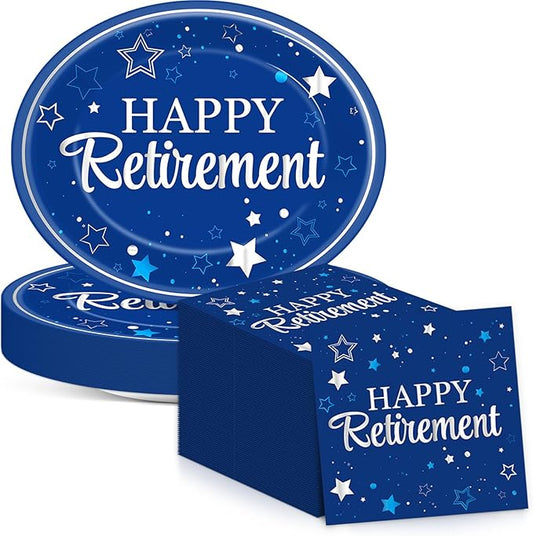 Happy Retirement Party Oval Paper Plates 11inch Blue Silver Retirement Plates and Napkins, Retired Decoration Favor Dish Tray for Women Men Retired Supplies Graduations Tableware, 25 Guest