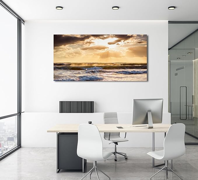 Sunset Ocean Canvas Wall Art - Ocean Waves Wall Decor Glow Sea Scene Picture Painting Nature Landscape Prints Sunset Over the Ocean Painting Artwork Living Room Bedroom Office Home 24" x 48"
