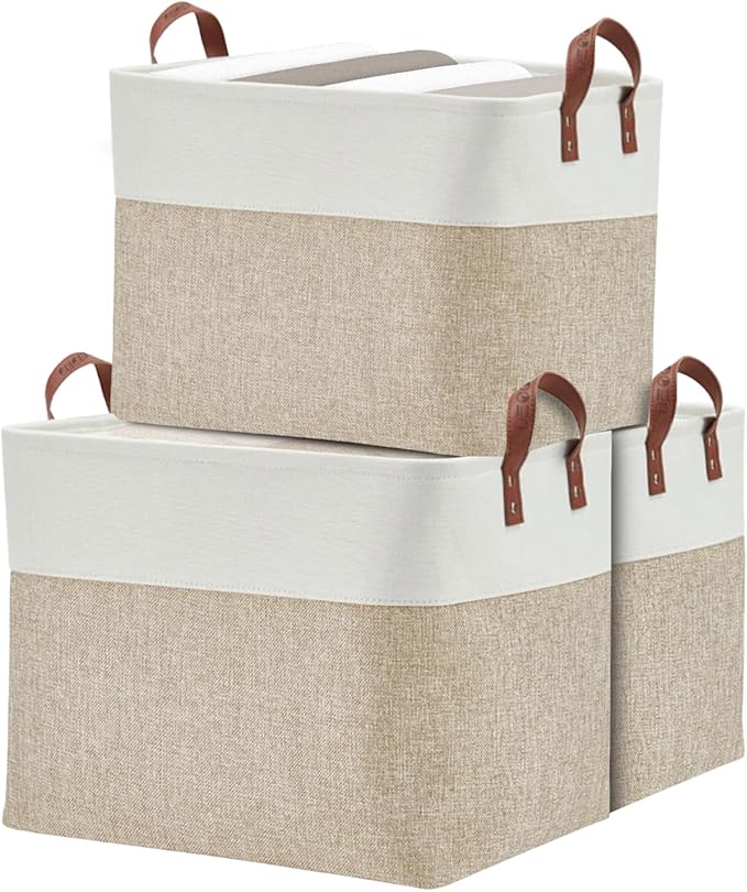 DECOMOMO Fabric Storage Basket Large Closet Storage Bins for Toys Nursery & Laundry Storage (Beige & White, XXL - 3 Pack)