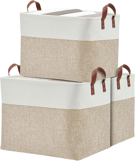 DECOMOMO Fabric Storage Basket Large Closet Storage Bins for Toys Nursery & Laundry Storage (Beige & White, XXL - 3 Pack)