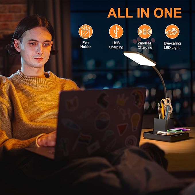 Sailstar Desk Lamp, Table Lamp with Wireless Charger & USB Port, 800LM CRI95 3 Color Modes Dimmable Touch 360°Gooseneck Pen Holder, LED Desk Lamps for Home Office, College Dorm Room, Adapter Included