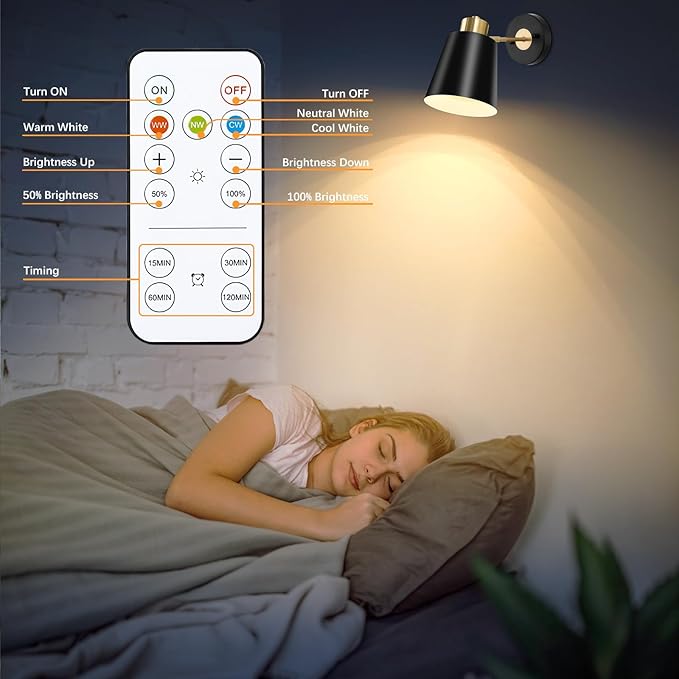 Battery Operated Wall Sconces Set of 2, Wireless Wall Lights Dimmable with Remote Control, Indoor Sconce Wall Decor, LED Cordless Black Wall Mounted Lamps for Bedroom Living Room Hallway