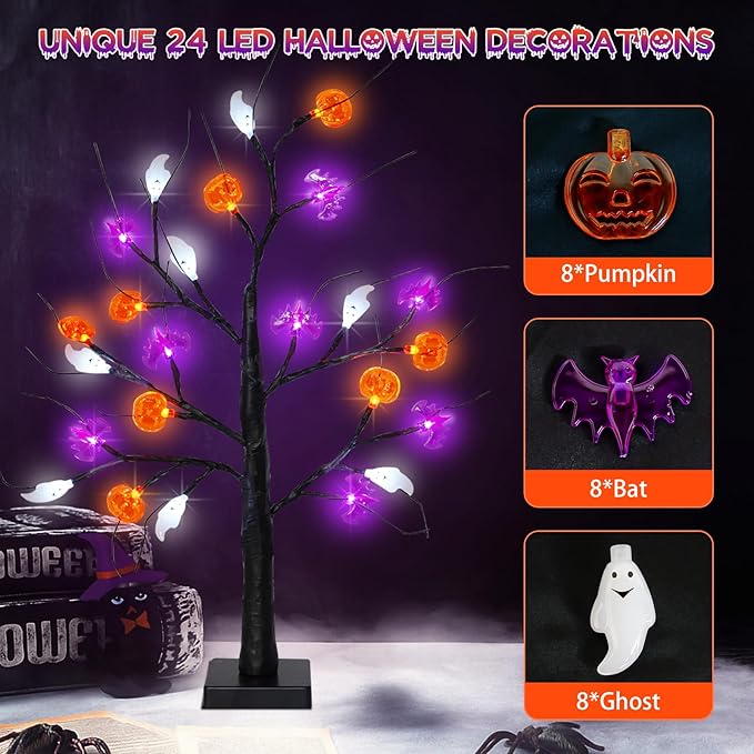 Halloween Decorations Indoor, 2-Pack 2FT Lighted Black Halloween Tree with 48 LED Pumpkin Bat Ghost Lights, Timer Function Battery Operated & USB Powered Spooky Tree Lights for Tabletop Home Party