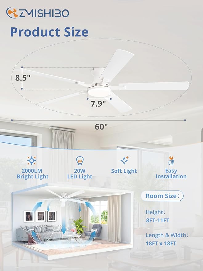ZMISHIBO 60 Inch Ceiling Fan with Light, App&Remote Control, Flush Mount Low Profile, Dimmable 20W LED Light, Quiet Reversible Motor for Bedroom, Living Room, Apartment, White