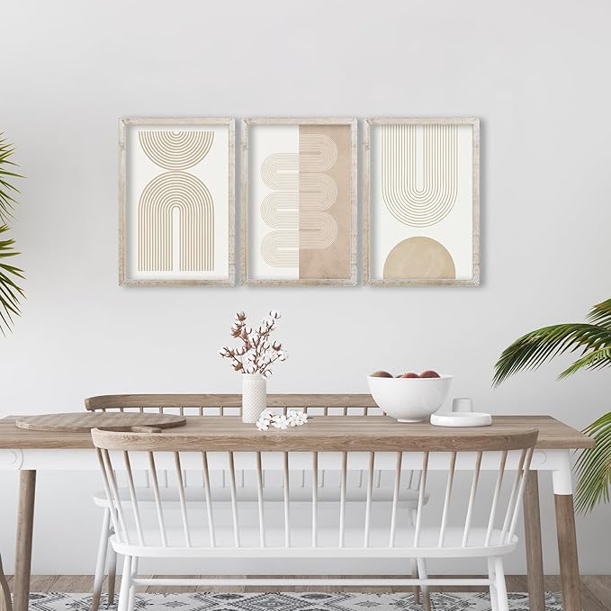 Wall Art Set of 3 Geometric Beige Spiral Wave 16"x11" Wooden Framed Mid Century Organic Abstract Neutral Sign Prints Nordic Boho Office Living Room Master Bedroom Wall Hang Decor (White)
