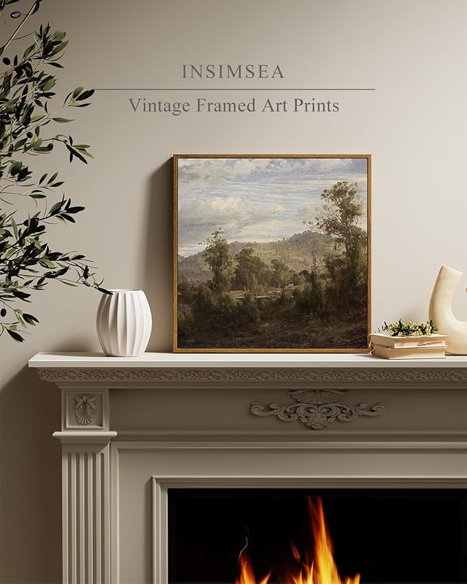 InSimSea Square Framed Canvas Wall Art, Vintage Nature Landscape Paintings, Retro Scenery Wall Pictures for Bedroom Bathroom Living Room, Canvas Prints Artwork, Home Decor 16"x16"