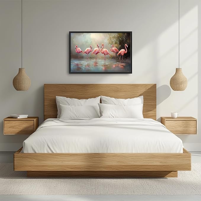 Flamingo Framed Wall Art for Living Room, Large Pink Birds Canvas Wall Decor, Animal Lake Pictures Painting, Modern Artwork for Bathroom Bedroom 36L'' × 24W''