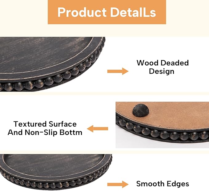 Decor 12in Round Tray for Home Decor- Black Wood Beaded Tray, Decorative Round Tray for Living Room Decor, Coffee Table Decor, Kitchen Table Decor or Farmhouse Serving Tray