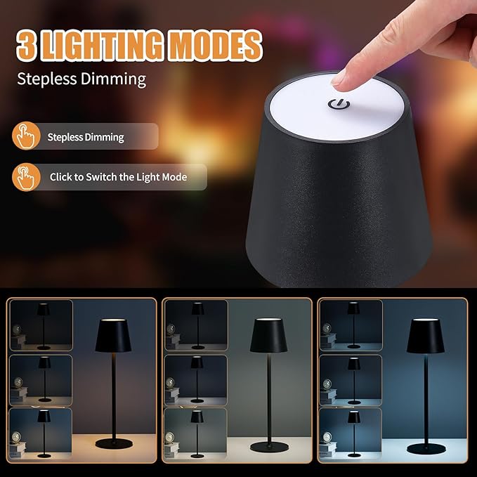 Cordless Table Lamps USB Rechargeable Lamp Simplicity Desk Lamp Built-in 4600 mAh Battery LED Battery Operated lamp with Touch Control Table lamp - Bedroom/Desk/Reading/Patio(2Pcs-Black)
