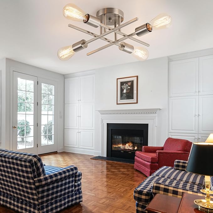 4-Light Modern Sputnik Chandeliers, Silver Mid Century Semi Flush Mount Ceiling Light Fixtures with E26 Base, Industrial Vintage Kitchen Farmhouse Light for Dining Room Bedroom Living Room